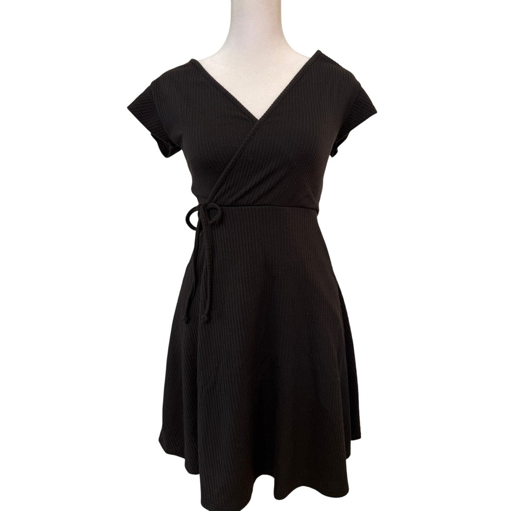 Antistar‎ Womens Black Ribbed Knit Wrap Dress Short Sleeve Tie Waist Sz XS